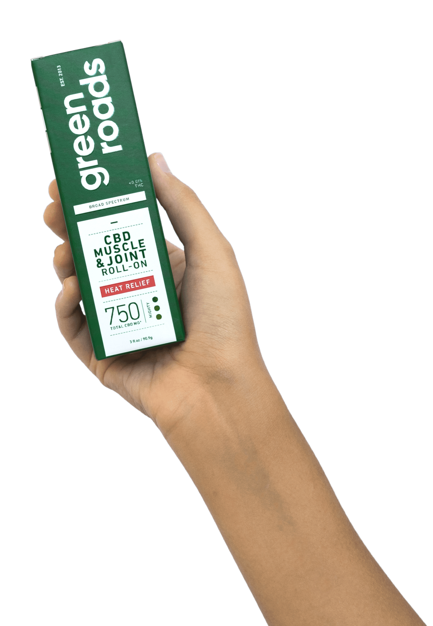 hand holding green roads heat relief roll on